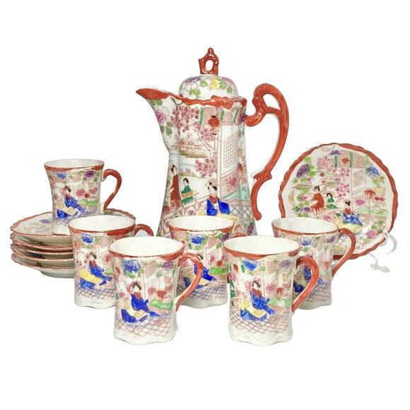 1940s Postwar Japanese Import 13-Piece Bone China Demitasse Coffee Set, Geisha - Picture 1 of 13